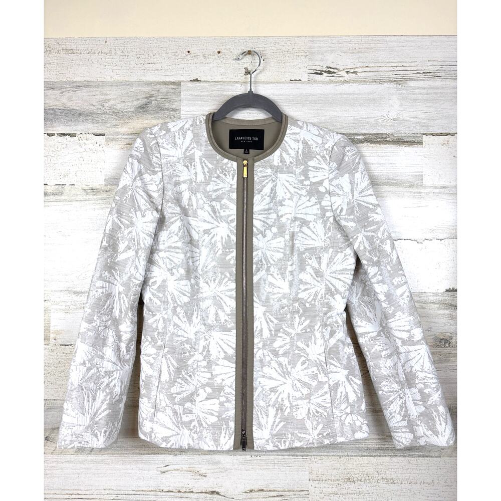 Lafayette 148 New York Womens 4 Tan Cream Cotton Botanical Print Zip Jacket NEW